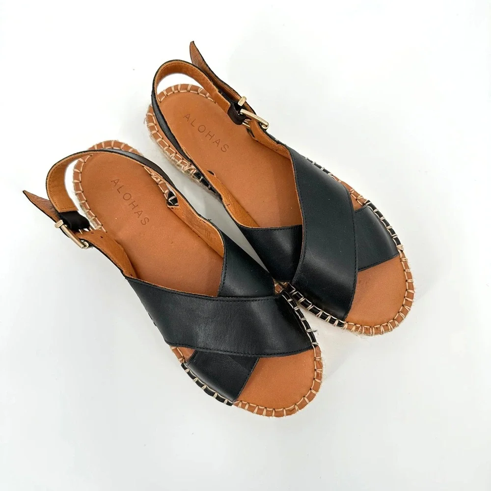 ALOHAS Women Black Leather Crossed Espadrille Platform Sandals 38‎ / US 7-7.5
